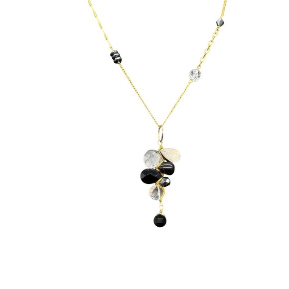 Quartz Stone Black Beaded Wire Pendant Y Drop Chain Necklace Gold Tone - Picture 5 of 8
